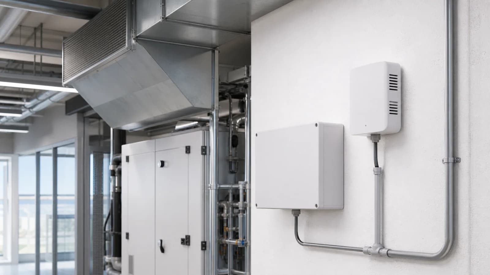 Representative indoor air-quality installation with a wall sensor, gateway enclosure and HVAC equipment