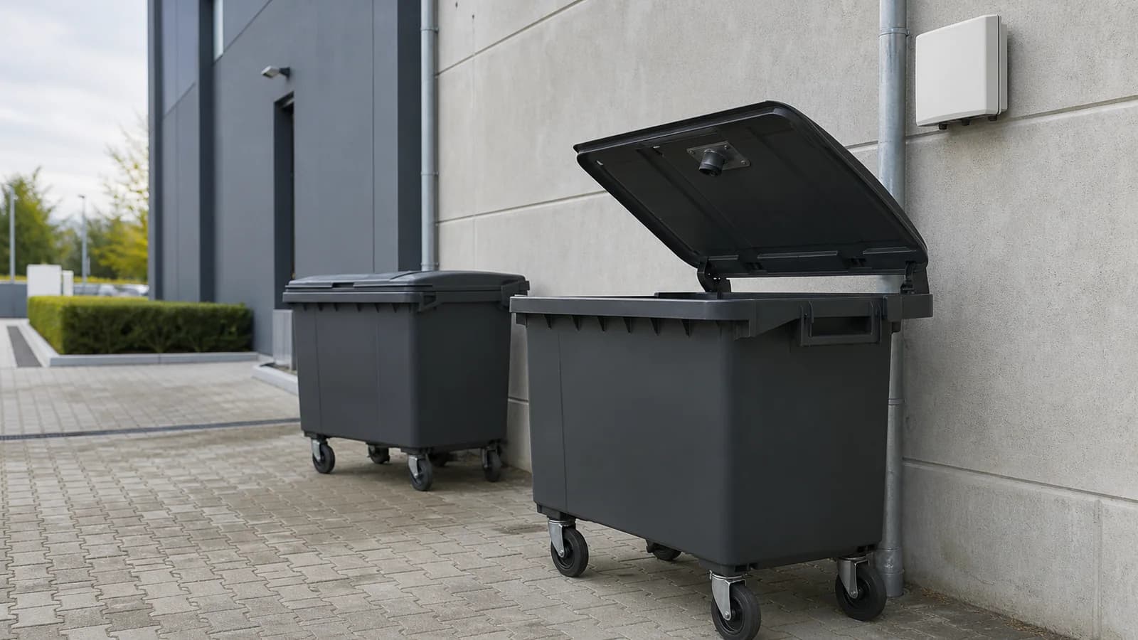 Representative smart-waste installation with a protected fill-level sensor under the bin lid and a site gateway