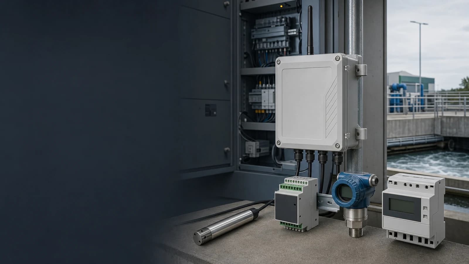 Representative water-monitoring site with field instruments, an RTU enclosure and tank infrastructure