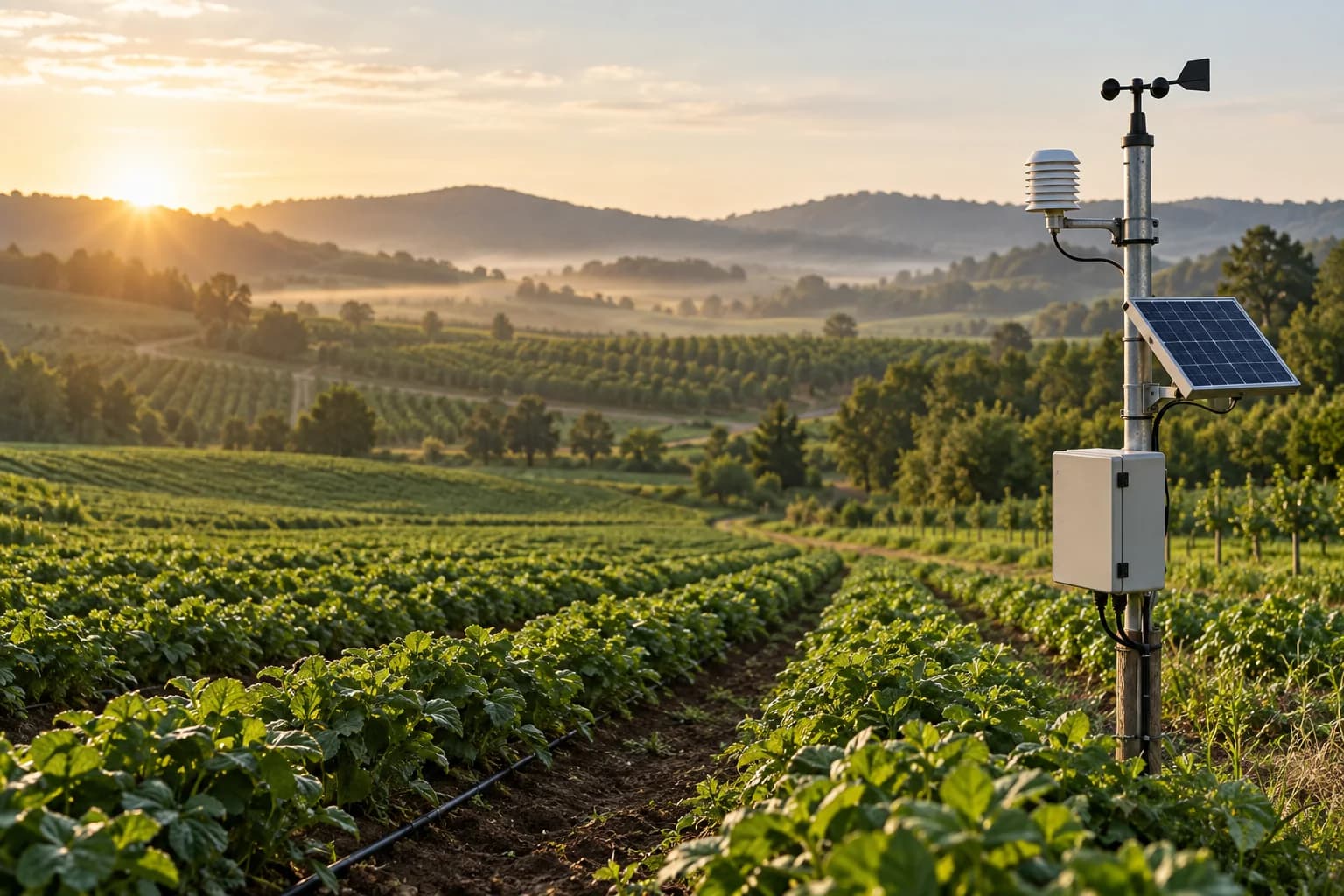 Crop rows and a field monitoring station