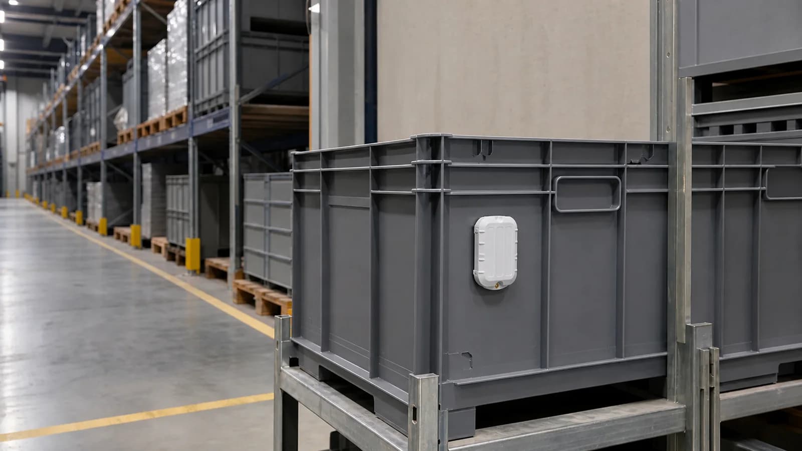 Representative warehouse tracking installation with a rugged tracker on a reusable logistics container