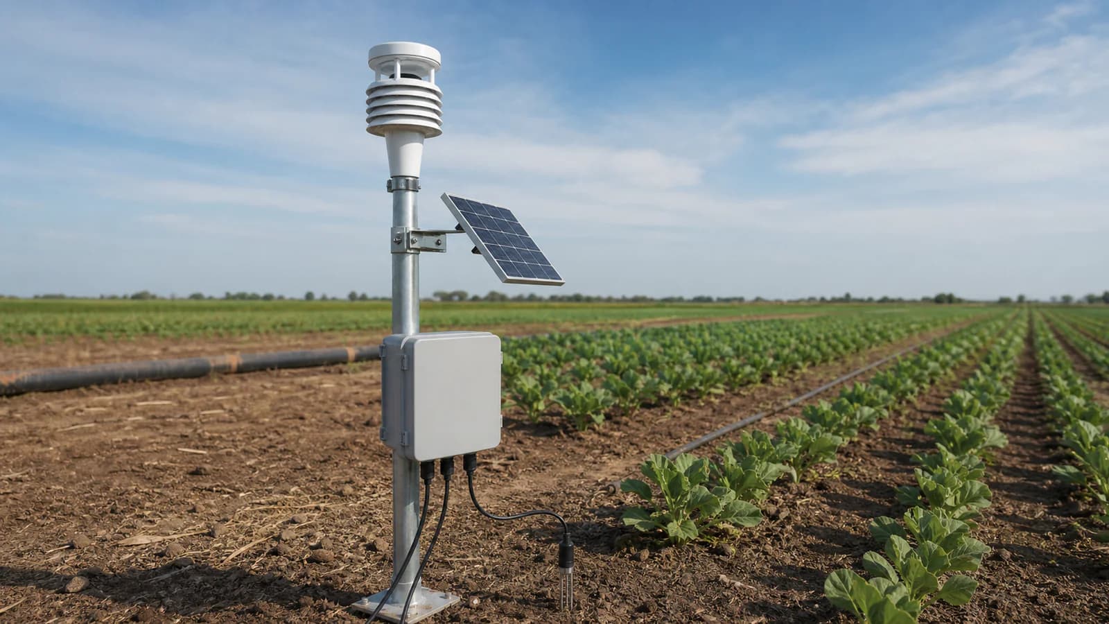 Representative agricultural monitoring station with weather sensor, solar supply, field enclosure and soil probe