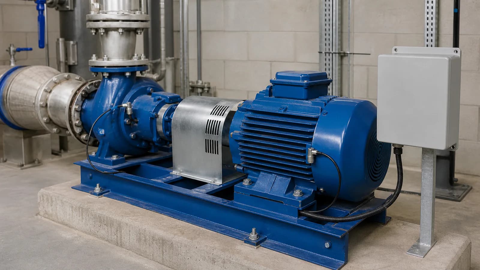 Representative pump and motor condition-monitoring installation with bearing sensors and a field enclosure